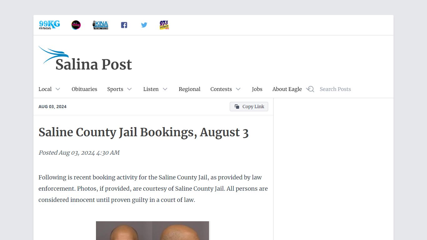 Saline County Jail Bookings, August 3 - Salina Post